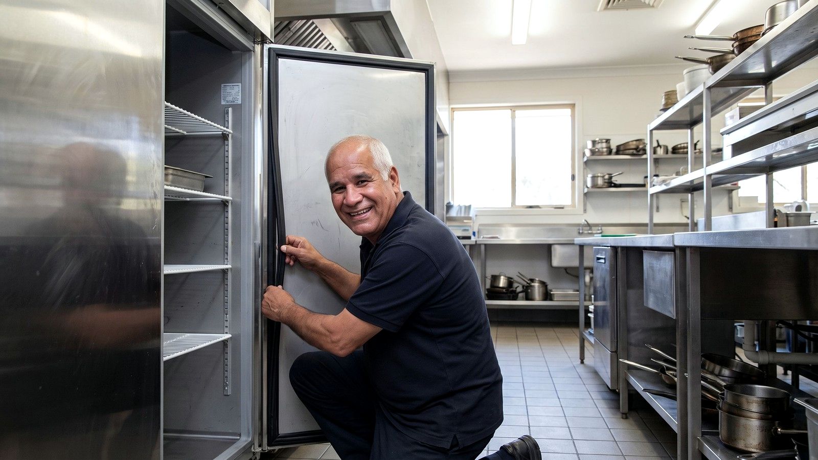 טכנאי של כל בודק מתקין ולוחץ גומיה חדשה לתוך מסגרת דלת מקרר מסחרי במטבח מסעדה